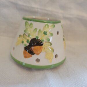 Hand-Painted Ceramic Candle Holder With Acorn & Leaf Design Green Rim 3 Inch Hei